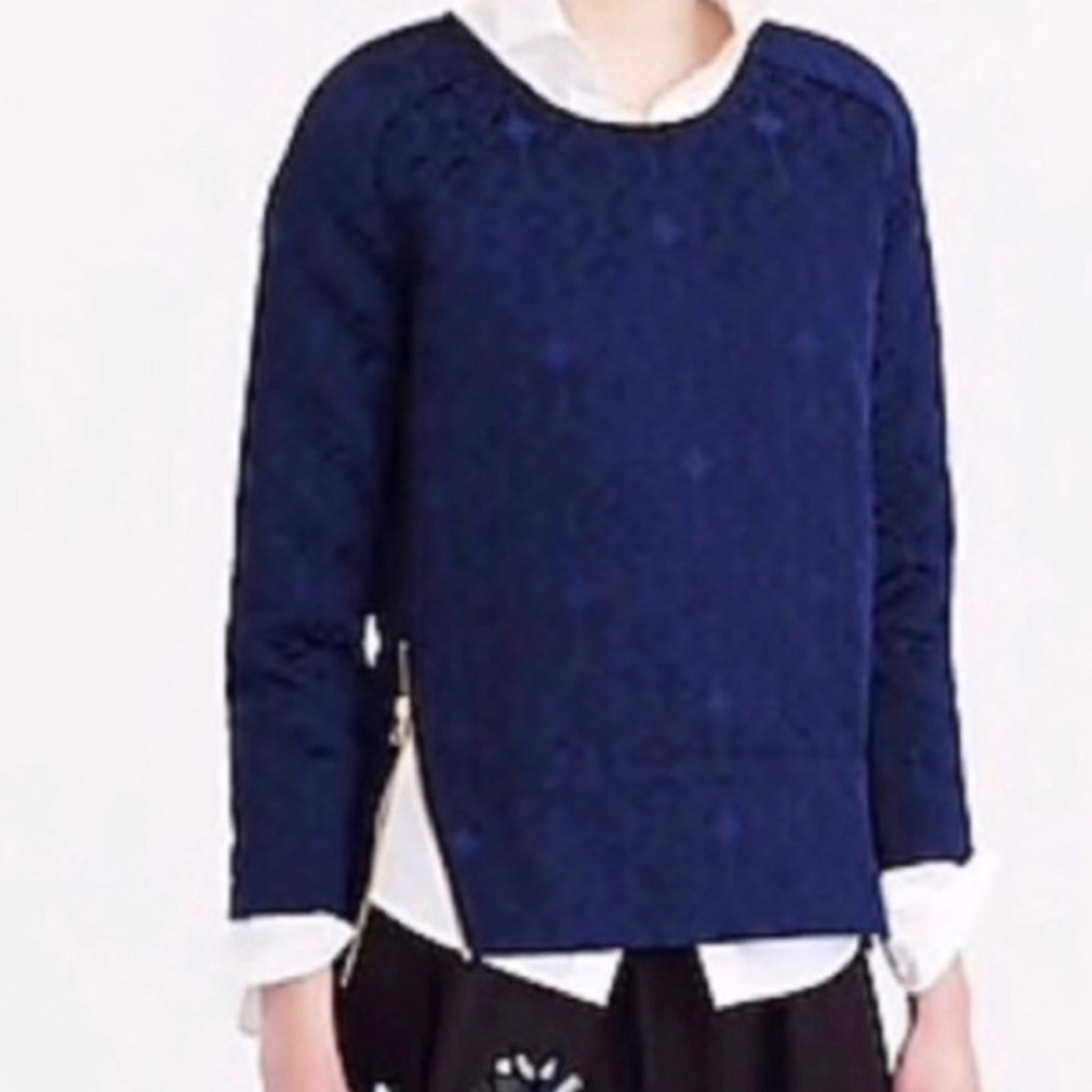J Crew Layering Brocade Zip Top Navy Sz 4